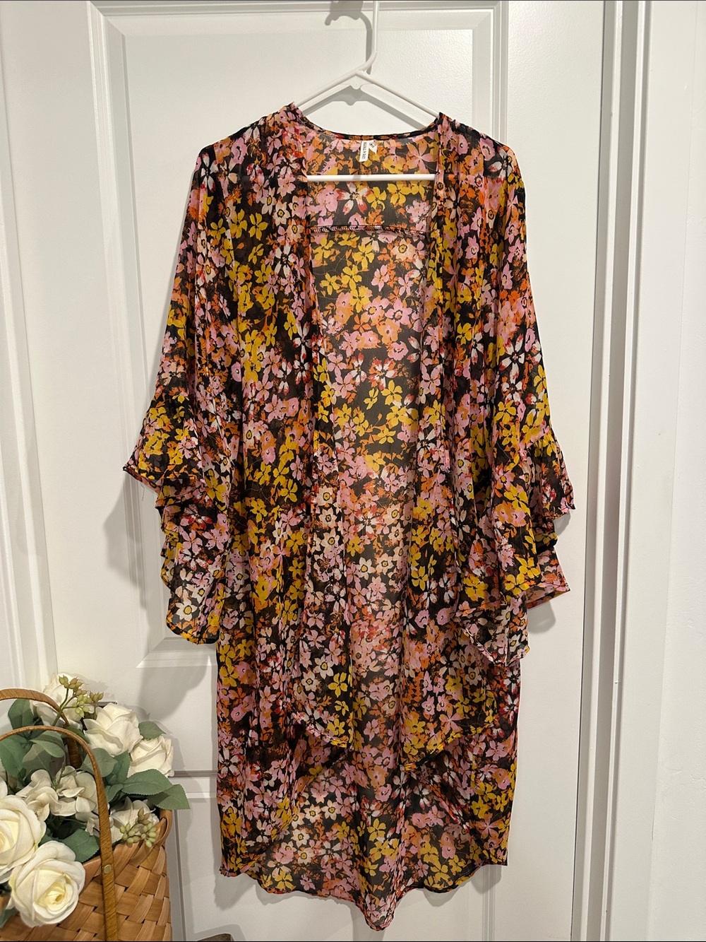 Floral Sheer Duster Kimono - Pink & Mustard on Black